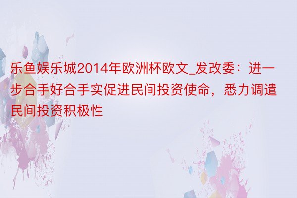 乐鱼娱乐城2014年欧洲杯欧文_发改委：进一步合手好合手实促进民间投资使命，悉力调遣民间投资积极性