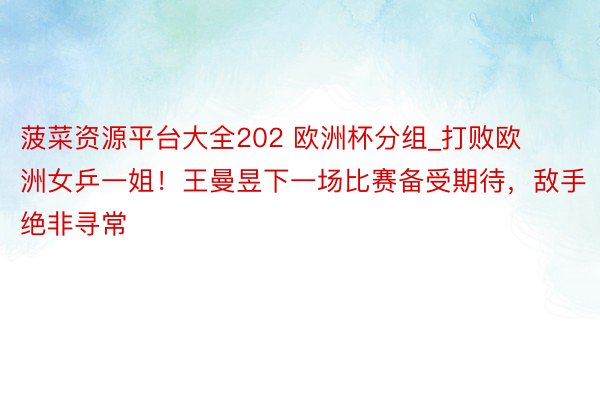 菠菜资源平台大全202 欧洲杯分组_打败欧洲女乒一姐！王曼昱下一场比赛备受期待，敌手绝非寻常